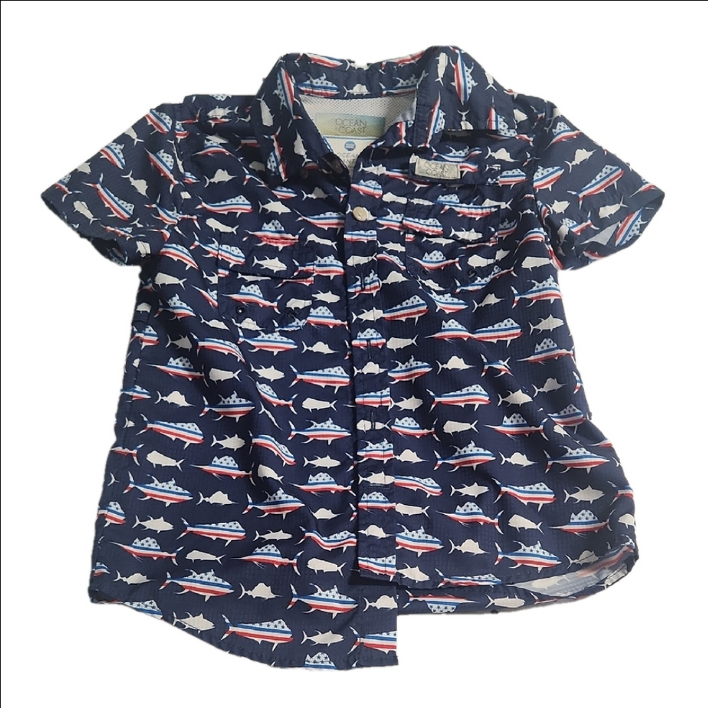 Ocean + Coast Navy Shark Print Kids Shirt  size 5